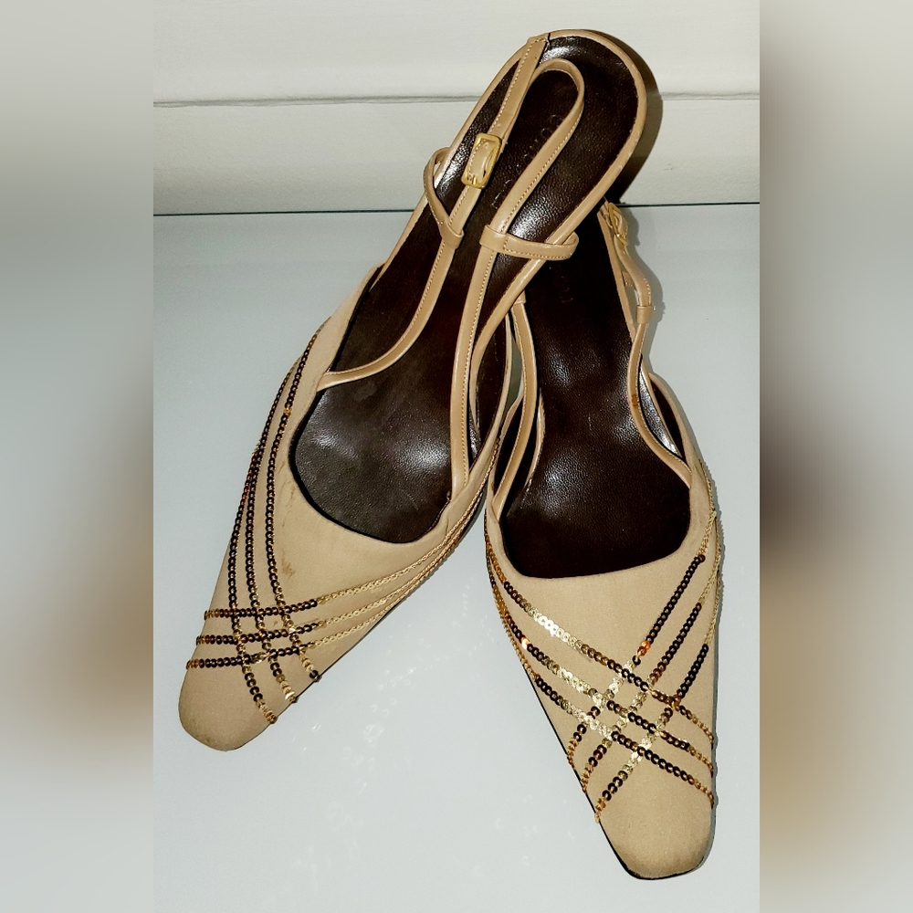 ALFIO CECCONI GOLD SEQUIN & SILK GOLDEN HEEL SLINGBACK KITTEN HEEL SZ 8M